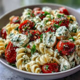 Fresh Caprese Pasta Salad showcasing creamy mozzarella pearls and bright flavors.