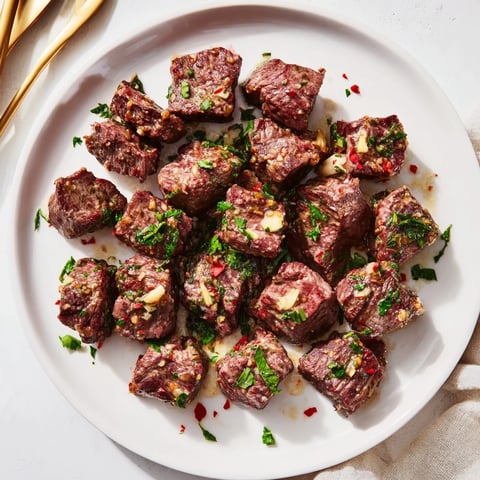Tender garlic butter grilled steak bites sizzling in a skillet, perfect for serving.  