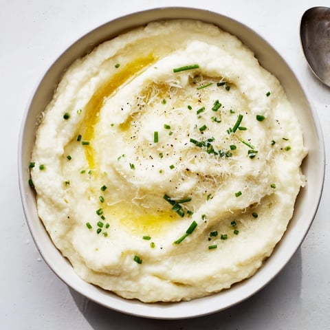 Creamy Garlic Mashed Cauliflower served in a bowl, topped with fresh chives.  