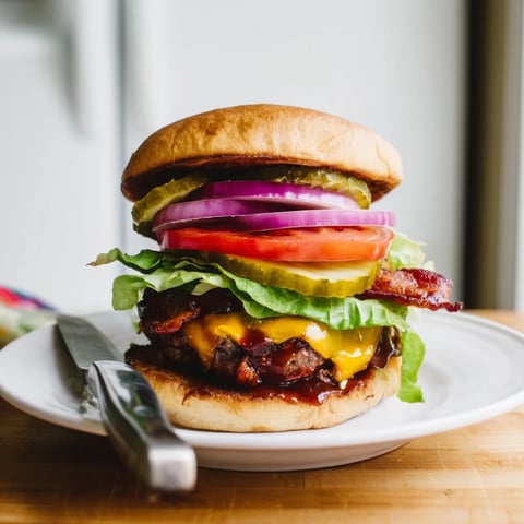 Savory BBQ Bacon Cheddar Burgers piled high with crispy bacon and melted cheese.  