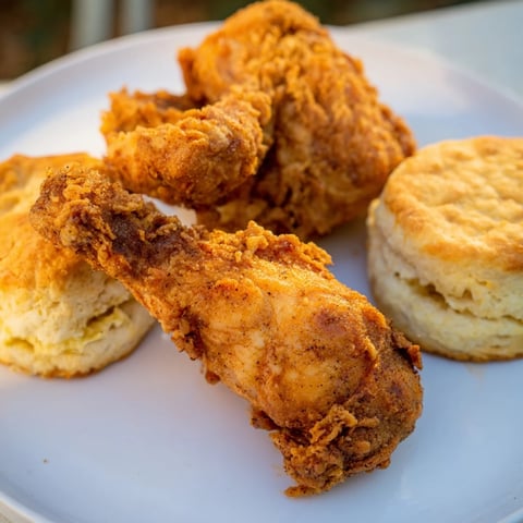 Golden, crispy Southern Fried Chicken with Buttermilk Biscuits, a delicious, comforting Southern meal.