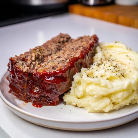 Classic meatloaf and mashed potatoes, a hearty family meal with savory meatloaf and creamy potatoes.