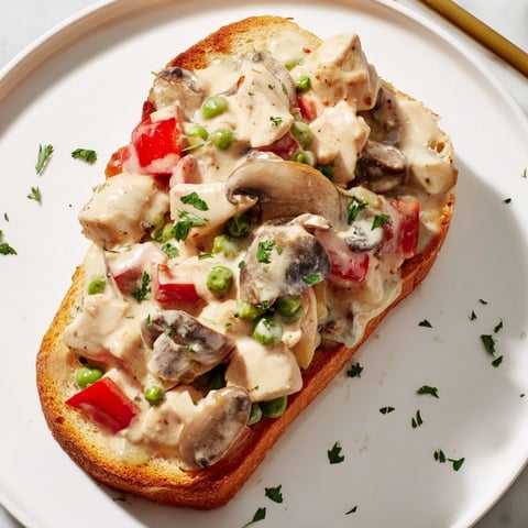 Creamy chicken à la king spooned generously over golden toasted bread for a satisfying meal.