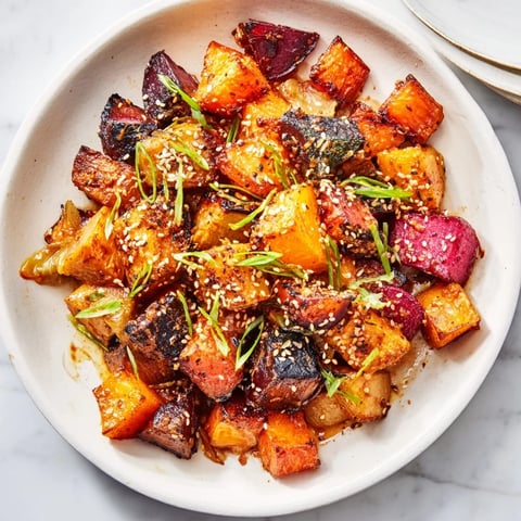 Golden-brown Miso Roasted Winter Vegetables, tender and savory, ready to serve as a delicious side dish.