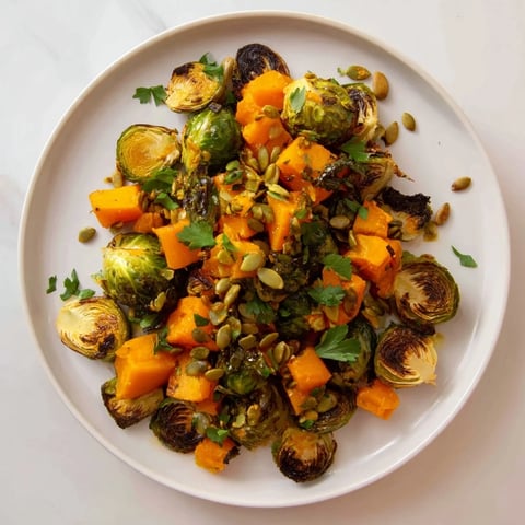 Golden brown Roasted Brussels Sprouts & Butternut Squash, drizzled with bright orange dressing for a flavorful side.