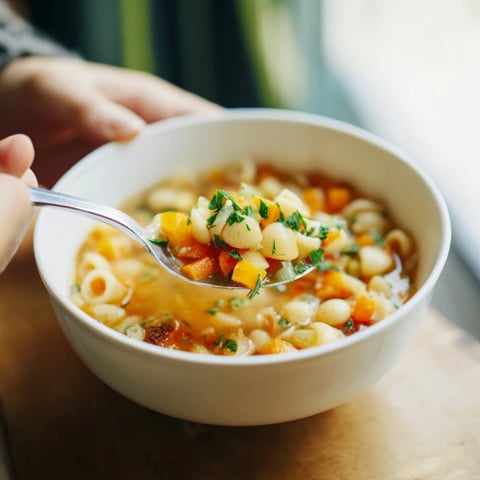 Steaming bowl of Pasta e Fagioli, offering a hearty, flavorful Italian vegetarian meal.