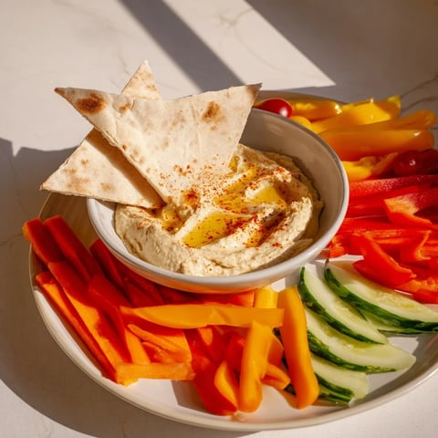 Creamy DIY hummus surrounded by warm pita bread and crunchy veggie sticks awaiting dipping.
