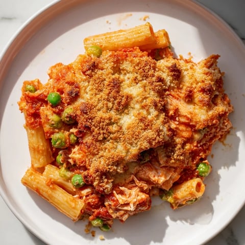 Golden, bubbly tuna pasta bake fresh from the oven, offering comforting family dinner vibes.