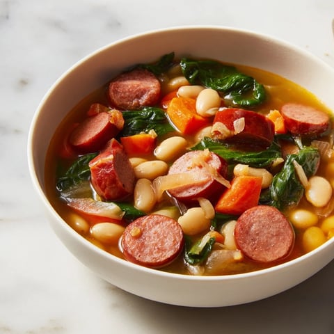Simple Sausage and White Bean Soup simmering gently in a pot, ready with hearty sausage and beans.