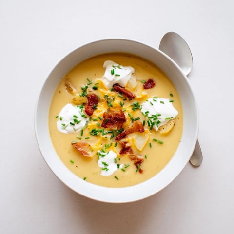 A steaming bowl of The Ultimate Baked Potato Soup, creamy and garnished with chives and bacon bits.