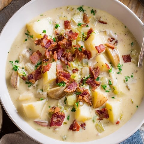 Creamy and comforting New England clam chowder, perfectly garnished with crispy bacon and fresh parsley.
