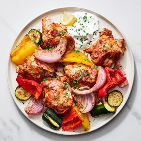 Sheet Pan Chicken Shawarma, golden chicken and roasted vegetables served with warm pita bread.