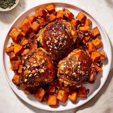Golden glazed maple chicken thighs with tender sweet potatoes, perfect for a flavorful weeknight meal.