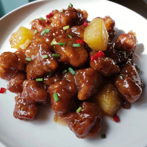 Brown Sugar Pineapple Chicken with glistening glaze and fluffy pineapples looks delicious.