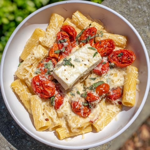 Four-Cheese Baked Block Pasta with melted, bubbly cheese and tender tomatoes, perfect for dinner.
