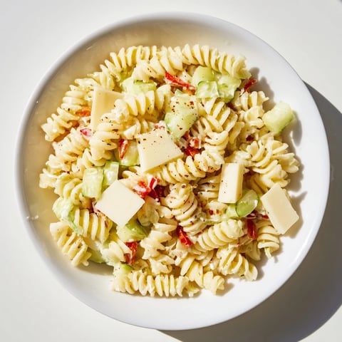 Close-up of a refreshing Dill Pickle Chopped Pasta Salad, loaded with colorful vegetables and cheese.