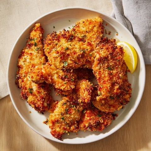 Golden-crispy Garlic Parmesan Chicken Tenders, served warm with lemon wedges and fresh parsley.