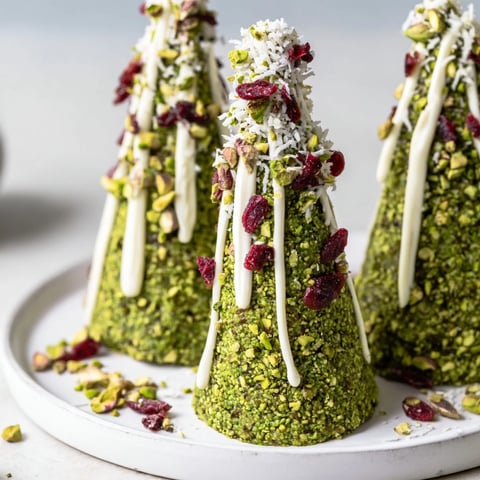 Vibrant green Matcha Pistachio Christmas Tree Energy Bites, ready to eat, offer a festive, healthy snack option.
