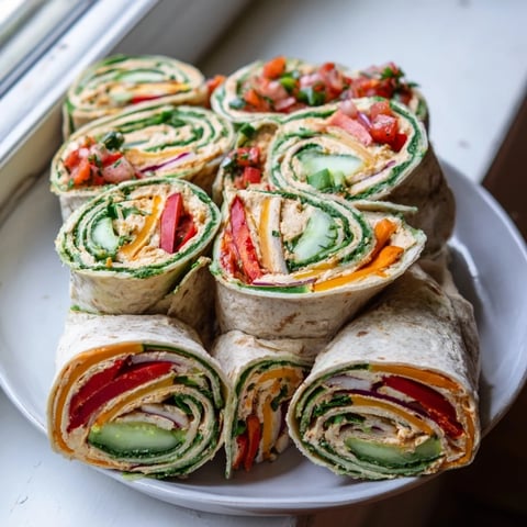 Vibrantly colored Roasted Veggie & Hummus Candy Cane Wrap roll-ups, perfect for a festive and healthy snack.