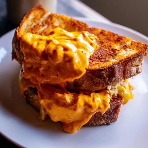 Golden-brown Spiked Grilled Cheese, oozing melted cheddar, and with spicy sriracha mayo on top.