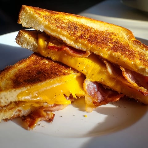 Crispy bacon cheddar grilled cheese oozes melted cheese with perfectly browned sourdough bread.