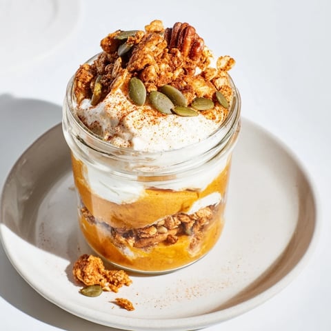 Delicious pumpkin yogurt parfait layers: creamy pumpkin, Greek yogurt, and crunchy granola perfect for fall.