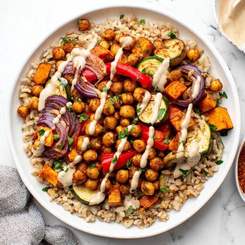 Crispy roasted chickpeas and colorful vegetables make up this delicious Roasted Chickpea Buddha Bowl.