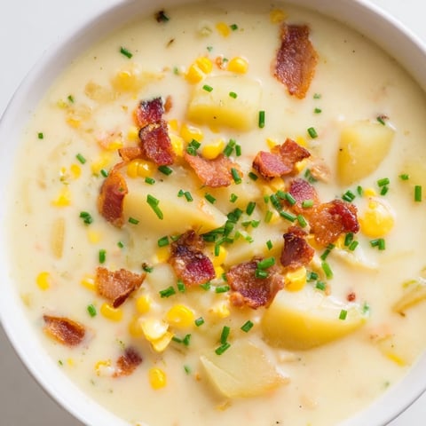 Steaming bowl of golden corn chowder soup topped with crispy bacon and fresh chives.