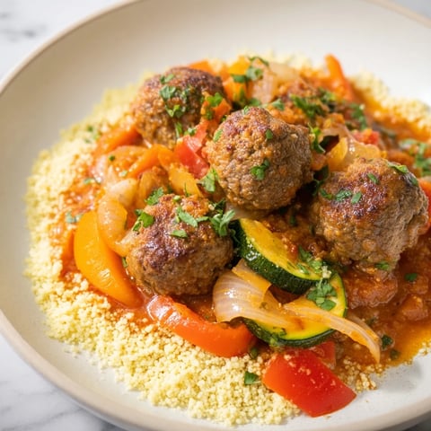 Plated North African Couscous Kefta: a vibrant dish with fluffy couscous and tender spiced meatballs.