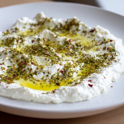Creamy, homemade Levantine Labneh cheese, drizzled with olive oil and herbs, ready to serve.