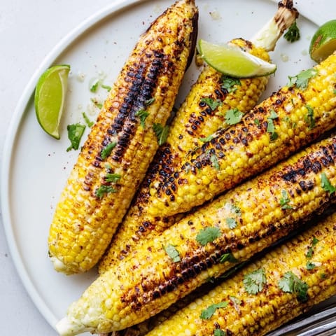 Deliciously charred corn on the cob topped with zesty chili lime butter delight.  