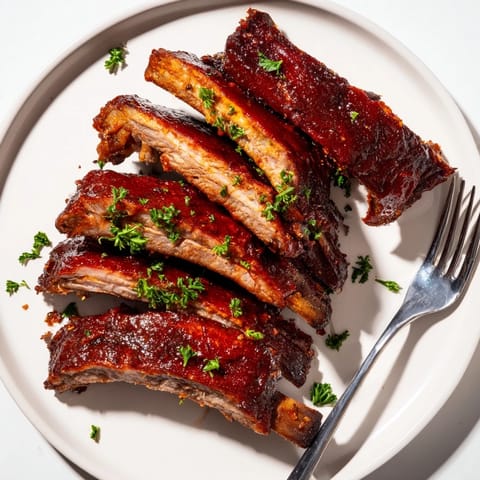 Smoky classic BBQ ribs coated in flavorful dry rub, garnished with fresh parsley.  