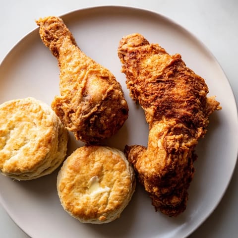A close-up shot of hot, juicy Southern Fried Chicken and fluffy buttermilk biscuits, perfect for sharing.