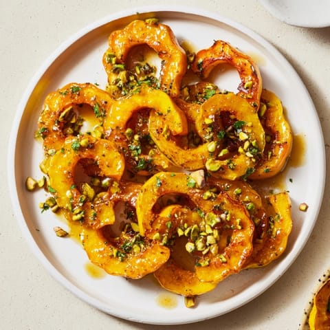 Perfectly roasted Baked Delicata Squash Rings, a flavorful vegetarian side dish, ready to eat.
