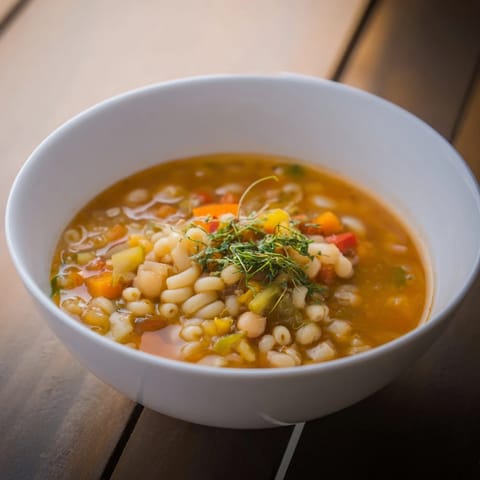 Rustic Pasta e Fagioli soup with visible pasta, creamy beans, and fresh parsley garnish in a bowl.
