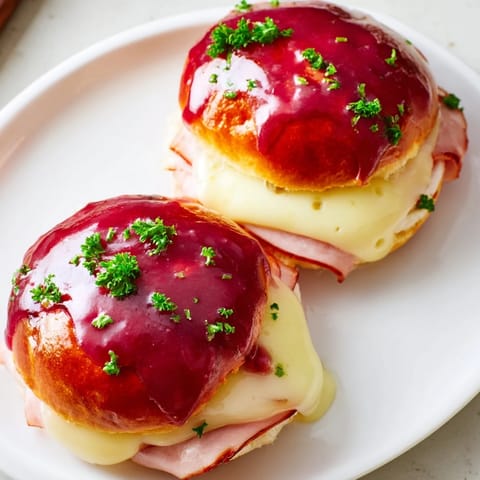 Melty Swiss cheese and ham piled high on the Cherry-Glazed Ham and Cheese Slider, a delicious handheld meal.