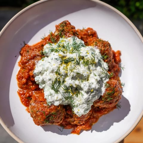 Perfectly cooked Instant Pot Greek Meatballs, served with a bright, tangy lemon-feta, ready to eat.