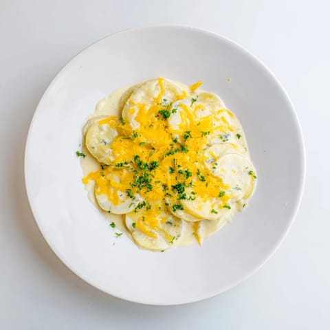 Golden-brown Cheesy Scalloped Potatoes bubbling from the oven, offering a comforting side dish.