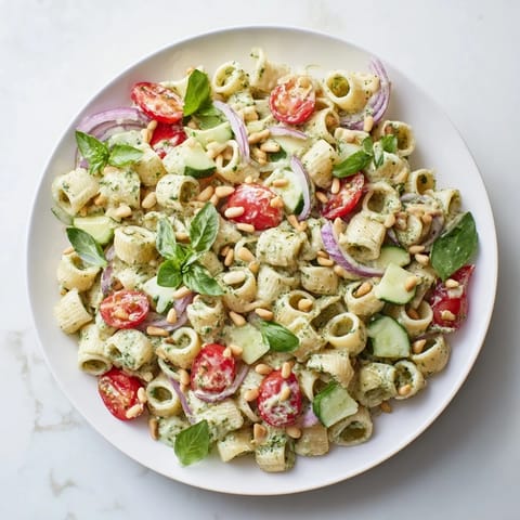 Creamy Caesar Pesto Ditalini Salad with fresh spinach, Parmesan shavings, and flavorful pesto dressing.