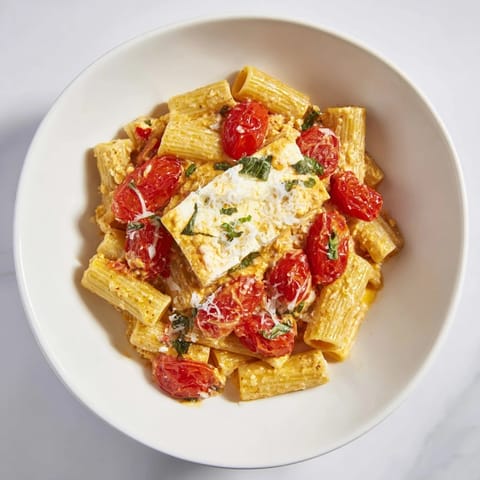 A close-up of creamy Four-Cheese Baked Block Pasta, a comforting vegetarian Italian dish.