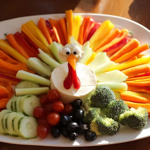 A beautiful Turkey Shaped Appetizer Tray with an inviting arrangement, perfect for your holiday celebration.
