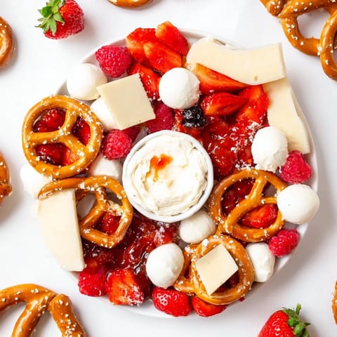 This festive Candy Cane Snack Board features glistening strawberries, creamy cheeses, and crunchy crackers for sharing.