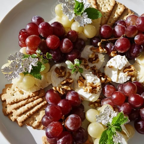 Elegant Sparkling Grape and Silver Cracker Platter featuring creamy cheeses and honey drizzle, perfect for a party.