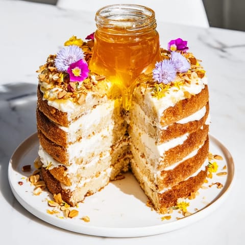 Stacked The Honey-Drip cake, a honey-infused treat, adorned with almonds, and edible flowers.