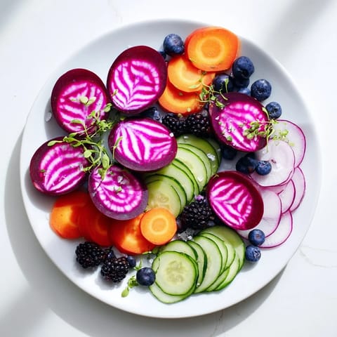 A stunning arrangement of The Neon Night appetizers, showcasing the beautiful pickled vegetables and fruit.