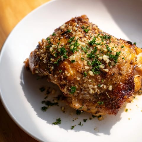 Close-up of perfectly cooked crispy garlic chicken thighs, served with fresh parsley garnish.