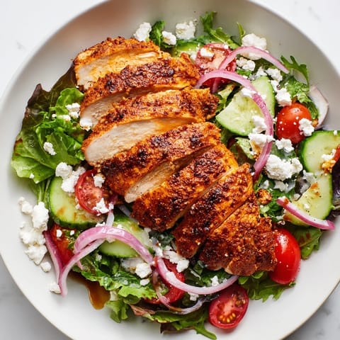 A vibrant Quick Pan-Seared Chicken Salad, featuring warm chicken on a bed of fresh, colorful vegetables.