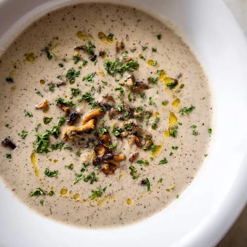 Close up shot of rich, velvety Creamy Mushroom Bisque, perfect for a cozy dinner.