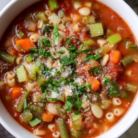 Steaming bowl of Tomato Basil Minestrone, filled with vegetables, pasta and fresh basil, ready to eat.