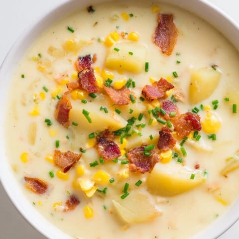 Steaming bowl of golden corn chowder soup topped with crispy bacon and fresh chives.